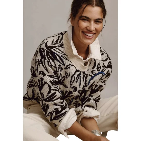 Anthropologie Floral Pop Embroidered Wool Blend Crewneck Sweater Sz S - Picture 12 of 13